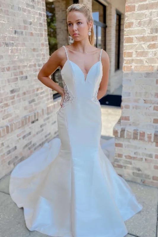 Off White V-Neck Beaded Mermaid Satin Spaghetti Straps Long Wedding Dress OK1537